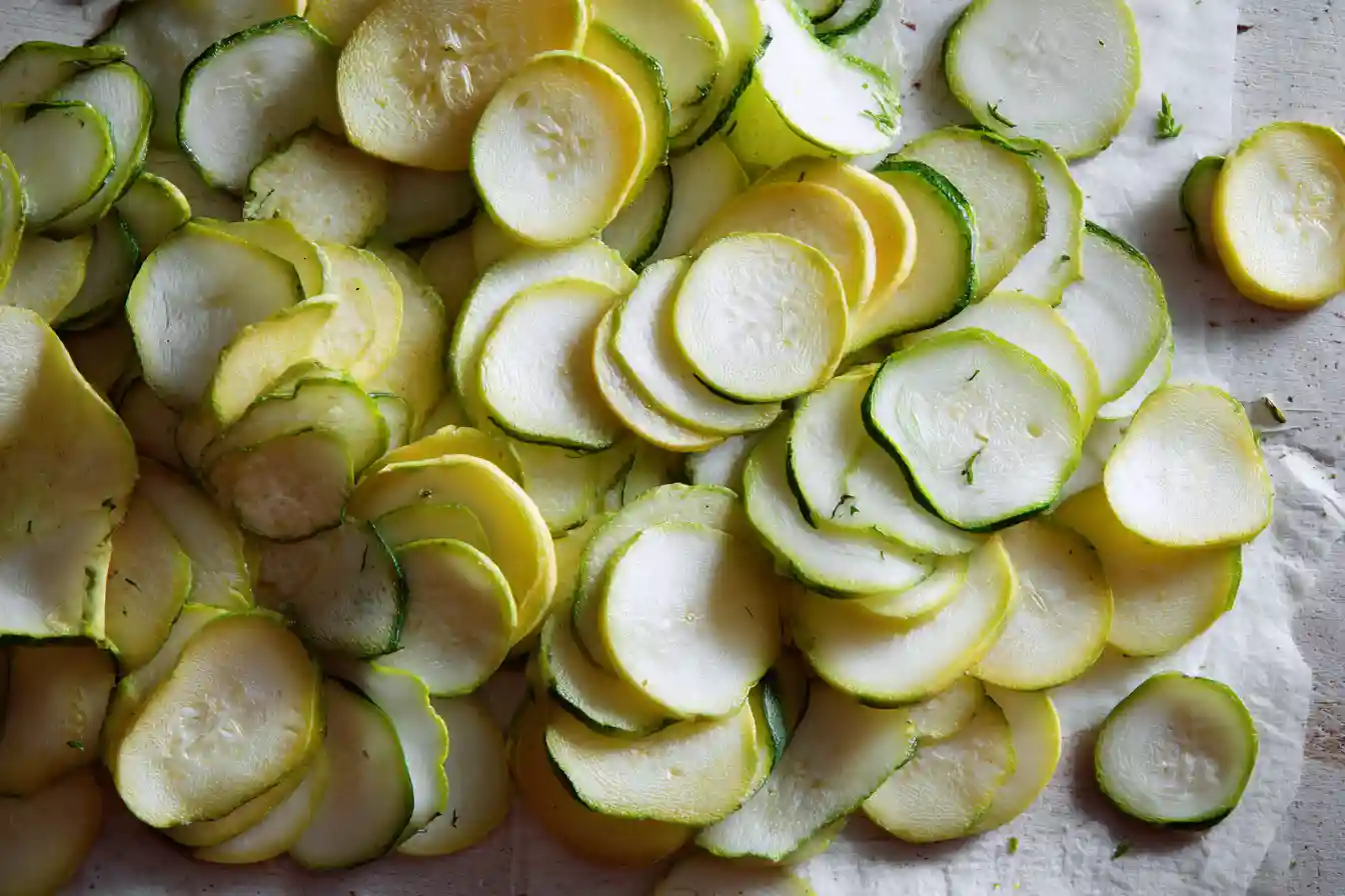 Kartoffel Zucchini Auflauf wird in Auflaufform geschichtet