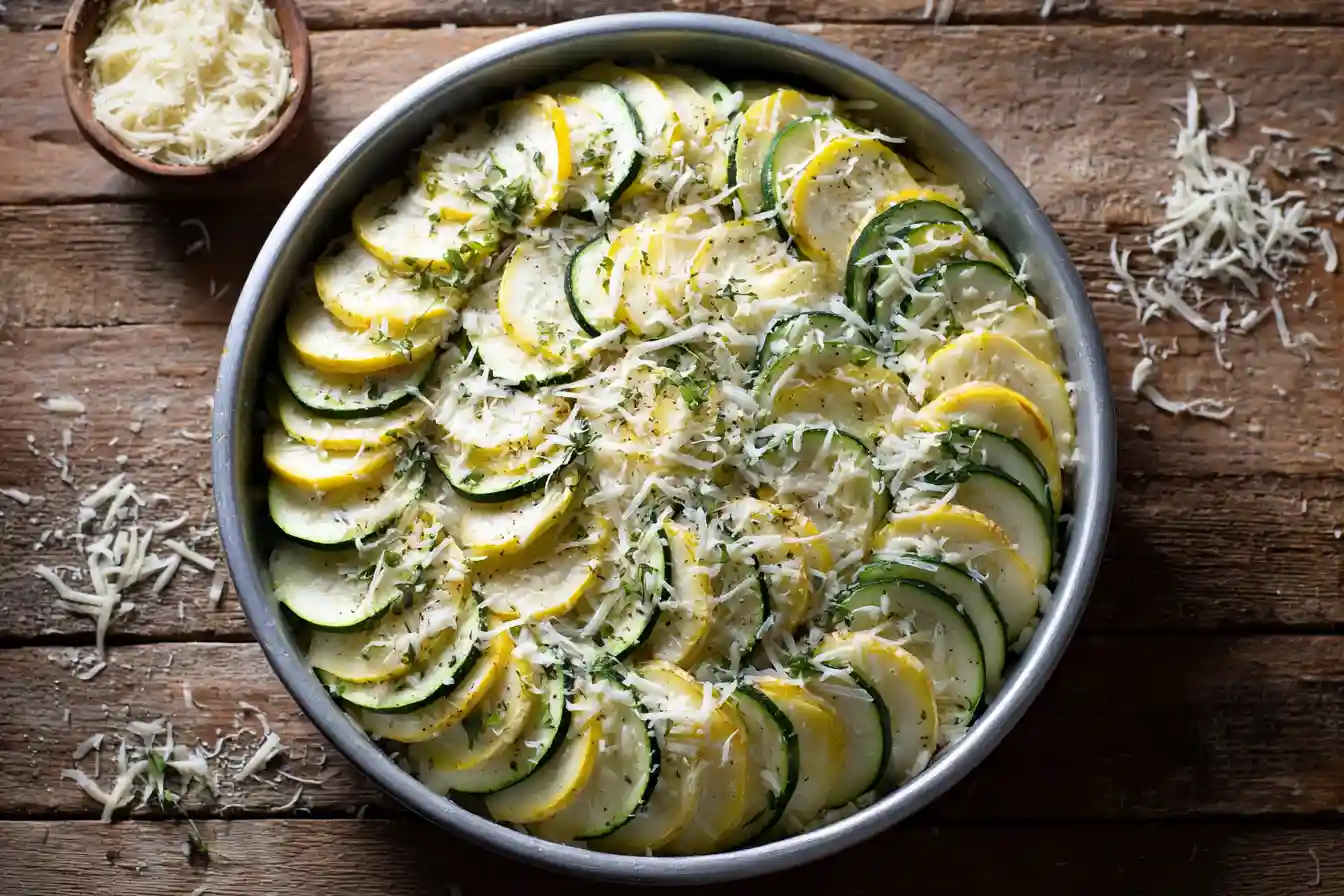 Kartoffeln und Zucchini in feine Scheiben gehobelt für Kartoffel Zucchini Auflauf
