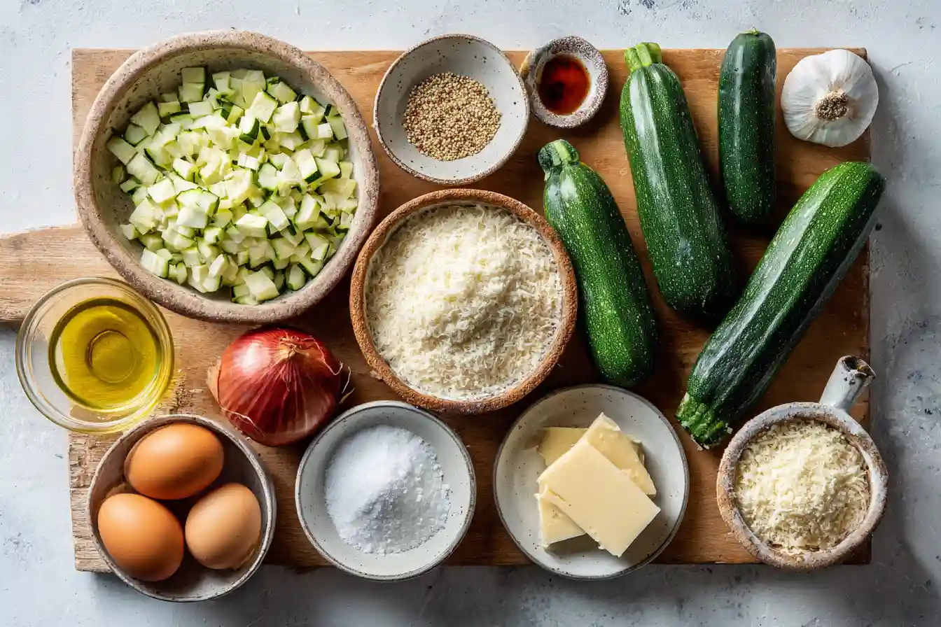 Zucchini-Puffer-Masse mit geriebener Zucchini und Eiern in Schüssel