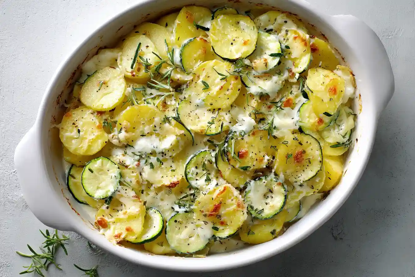 Kartoffeln und Zucchini in feine Scheiben gehobelt für Kartoffel Zucchini Auflauf