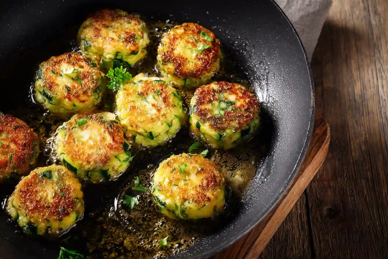 *Zucchini Puffer auf Teller mit Gurkensalat – Familienessen