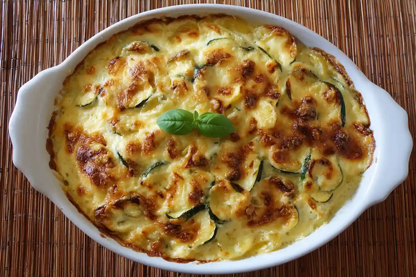 Goldbrauner Kartoffel Zucchini Auflauf frisch aus dem Ofen