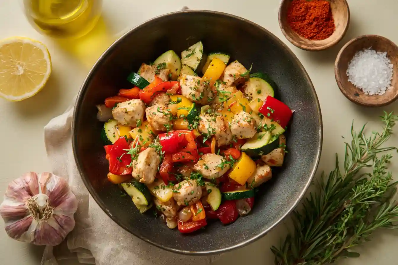 Schnelle Zucchini-Pfanne mit Hähnchen und Paprika
