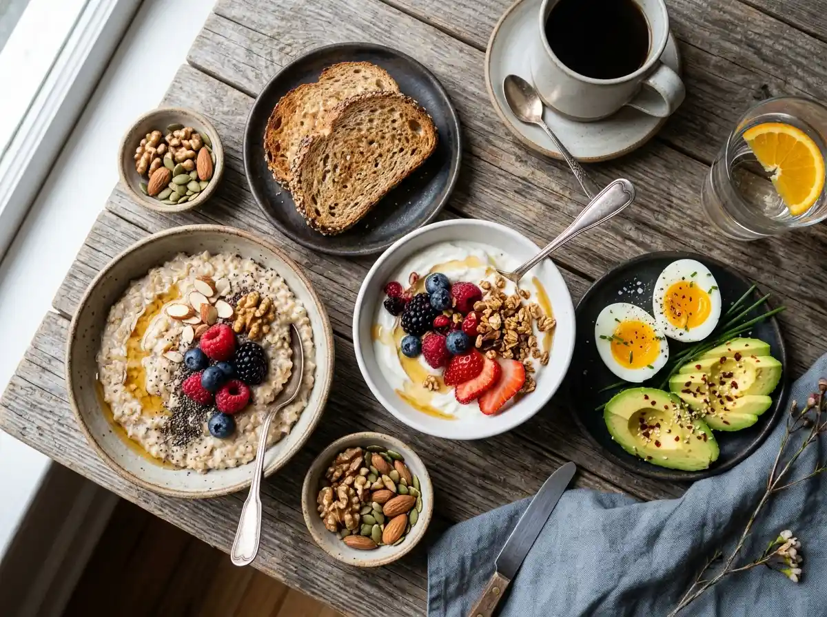 Realistische Food-Fotografie eines modernen Overnight-Oats-Frühstücksglases mit Beeren und Skyr auf einem hellen Frühstückstisch. Cremige Haferflocken-Schichten, frische Heidelbeeren, Himbeeren und gehackte Walnüsse sichtbar. Daneben ein Löffel, eine kleine Schale mit Haferflocken und eine Tasse Kaffee mit Hafermilch. Natürliches Morgenlicht durch ein Fenster, warme und gemütliche Atmosphäre. 45-Grad-Kamerawinkel, professionelle Beleuchtung, hohe Auflösung, appetitlich angerichtet, moderner Foodblog-Stil.“
