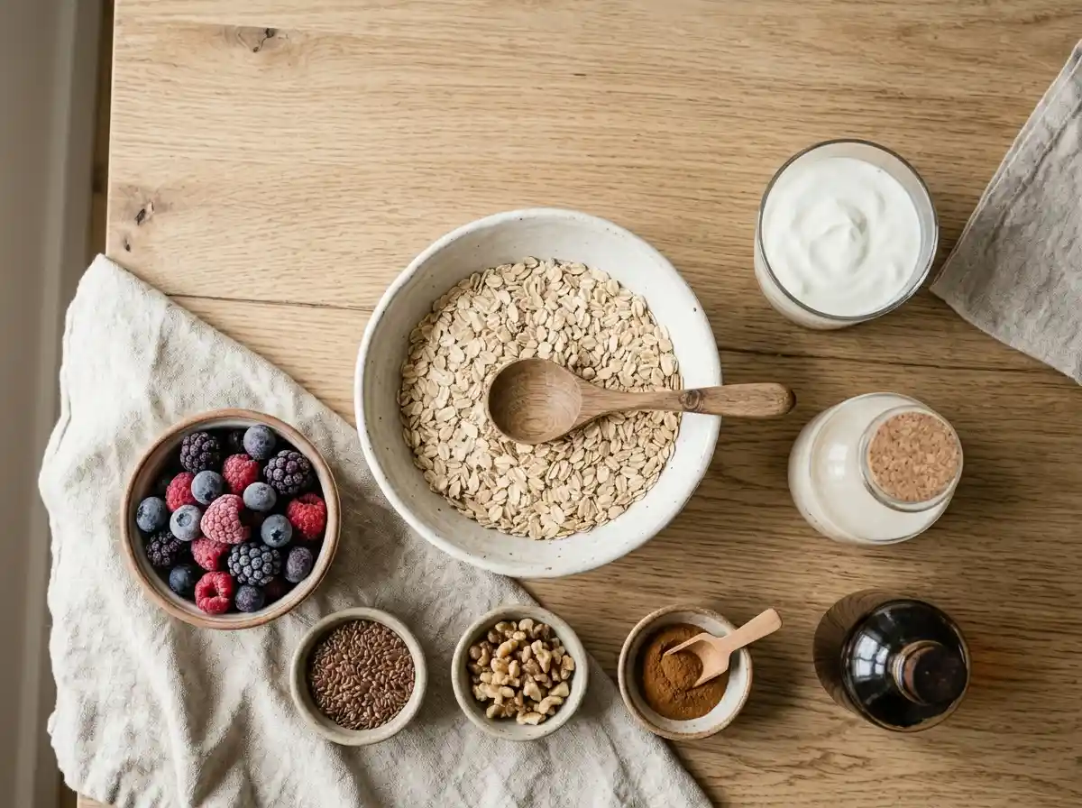 Realistische Food-Fotografie eines modernen Overnight-Oats-Frühstücksglases mit Beeren und Skyr auf einem hellen Frühstückstisch. Cremige Haferflocken-Schichten, frische Heidelbeeren, Himbeeren und gehackte Walnüsse sichtbar. Daneben ein Löffel, eine kleine Schale mit Haferflocken und eine Tasse Kaffee mit Hafermilch. Natürliches Morgenlicht durch ein Fenster, warme und gemütliche Atmosphäre. 45-Grad-Kamerawinkel, professionelle Beleuchtung, hohe Auflösung, appetitlich angerichtet, moderner Foodblog-Stil.“
