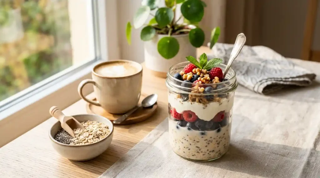 Realistische Food-Fotografie eines modernen Overnight-Oats-Frühstücksglases mit Beeren und Skyr auf einem hellen Frühstückstisch. Cremige Haferflocken-Schichten, frische Heidelbeeren, Himbeeren und gehackte Walnüsse sichtbar. Daneben ein Löffel, eine kleine Schale mit Haferflocken und eine Tasse Kaffee mit Hafermilch. Natürliches Morgenlicht durch ein Fenster, warme und gemütliche Atmosphäre. 45-Grad-Kamerawinkel, professionelle Beleuchtung, hohe Auflösung, appetitlich angerichtet, moderner Foodblog-Stil.“