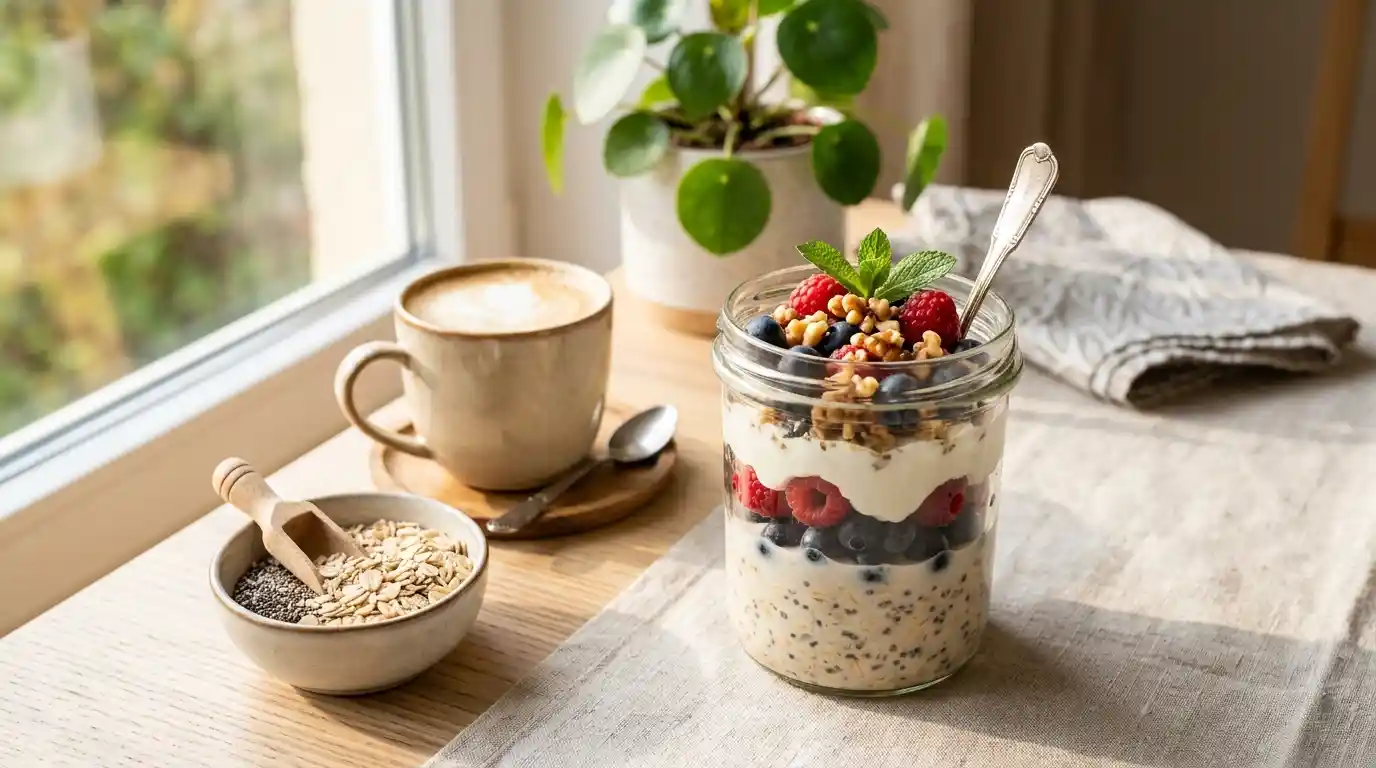 Realistische Food-Fotografie eines modernen Overnight-Oats-Frühstücksglases mit Beeren und Skyr auf einem hellen Frühstückstisch. Cremige Haferflocken-Schichten, frische Heidelbeeren, Himbeeren und gehackte Walnüsse sichtbar. Daneben ein Löffel, eine kleine Schale mit Haferflocken und eine Tasse Kaffee mit Hafermilch. Natürliches Morgenlicht durch ein Fenster, warme und gemütliche Atmosphäre. 45-Grad-Kamerawinkel, professionelle Beleuchtung, hohe Auflösung, appetitlich angerichtet, moderner Foodblog-Stil.“